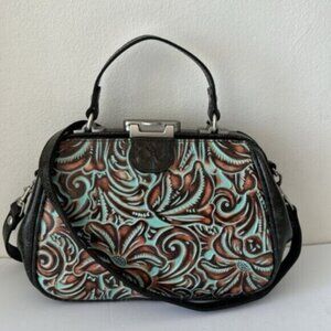 Patricia Nash Turquoise Framed Gracchi Tooled Brntl Leather Crossbody Handbag